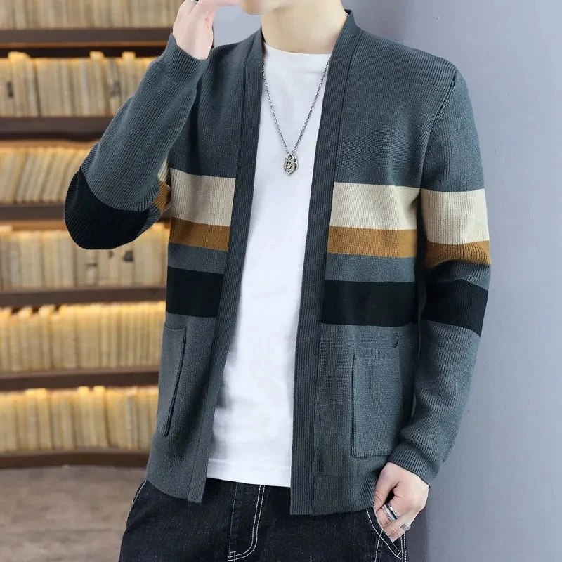 

Knitted Cardigan Men Coat Casual Spell Color Sweater Outerwear Spring Autumn Harajuku Long Sleeve Top Sueteres Para Hombre