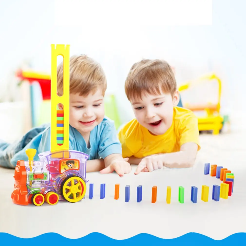 Children's Domino Train Car kit With Sound Light Automatic Emission Set Up Blocks Elevator Springboard Bridge Set kids Toys