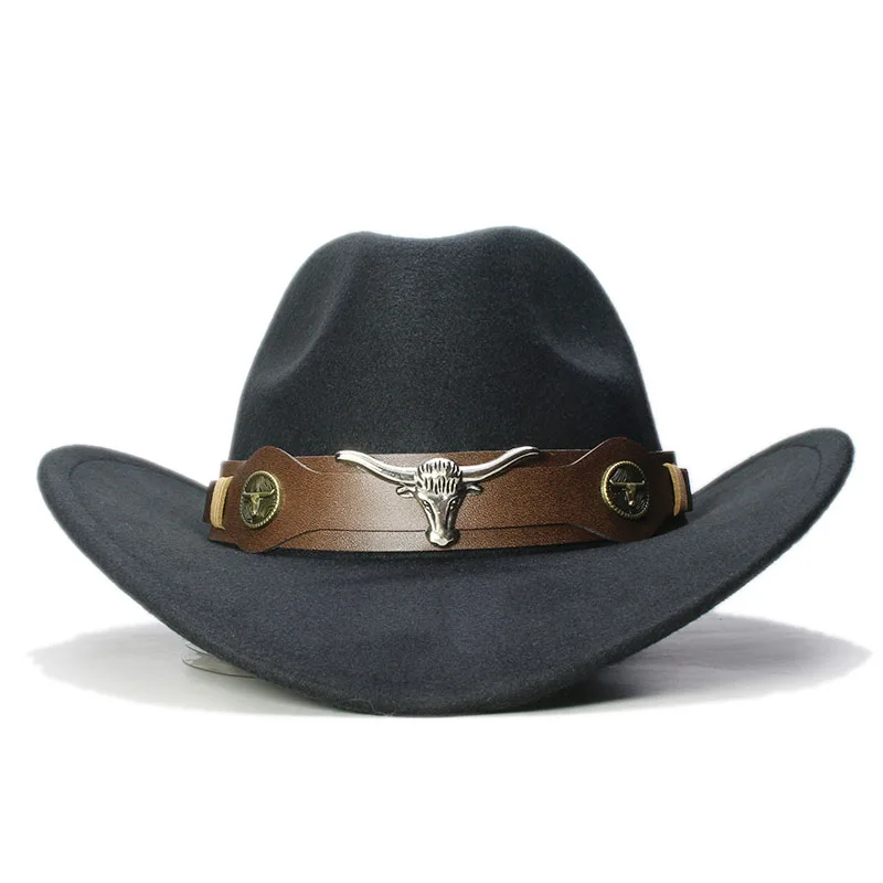 Bull Ox Head Leather Band Vintage Women Men /Kid Child Wool Wide Brim Cowboy Western Hat Cowgirl Bowler Cap  (61cm/57cm/54cm)