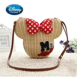 Disney Mickey Mouse Women Hand-Woven Rattan Bag Straw Shoulder HandBag Minnie Bow-Knot Girl Hollow Purely Handmade Messenger Bag