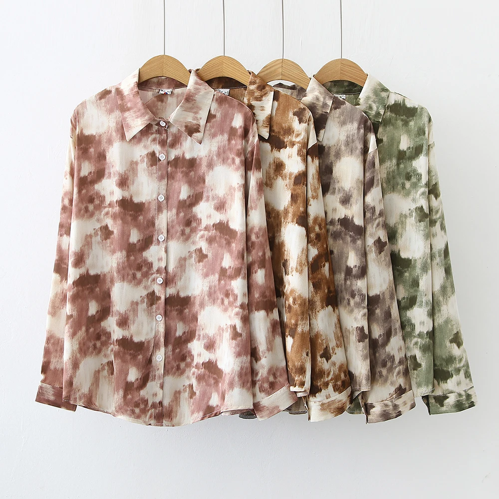 2021 Woman Spring& Autumn Ink Smudge Loose Long-Sleeved Chiffon Shirt