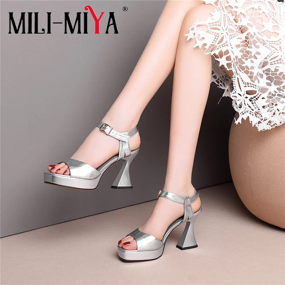 MILI-MIYA Newest Women Platform Sandals Genuine Leather Bright Pink Silver Strange Style High Heels Ladies Party Wedding Shoes