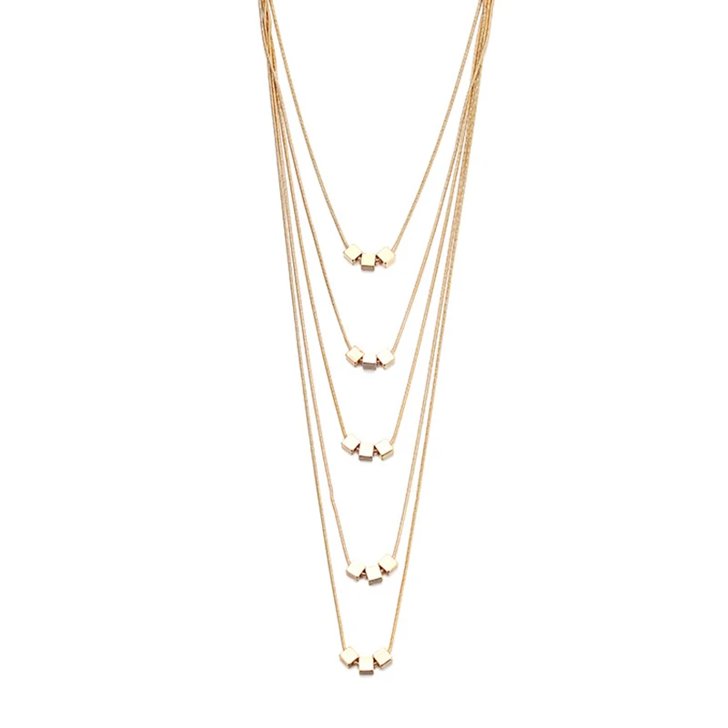 Minimalism Multi Layer Square Charm Necklace Pendants Gold Color Chic Long Necklace for Women Simple Jewelry