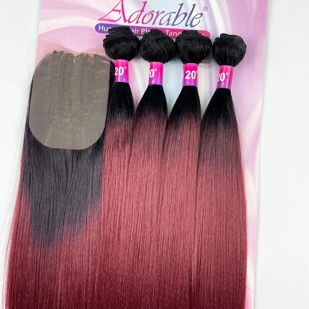 Yaki-Conjunto de mechones sintéticos con cierre de encaje para mujer negra, mechones rectos de Color rojo ombré, 20 pulgadas, T1BBUG, increíble