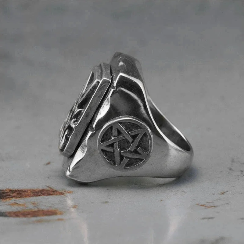 EYHIMD Vintage Sigil Lucifer Biker Ring 316L Stainless Steel Baphomet Pentagram Seal of Satan Rings for Men Male Punk Jewelry