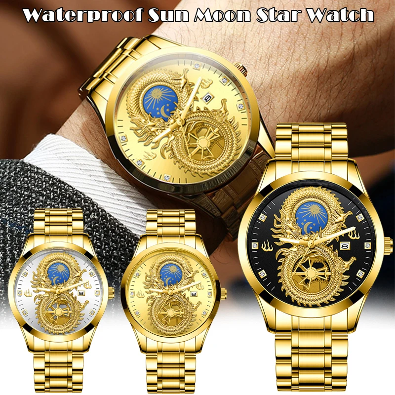 Newly Dragon Phoenix Men's Luxury Business Watch Moon and Star Glow in the Dark Calendar Gold Plated Waterproof