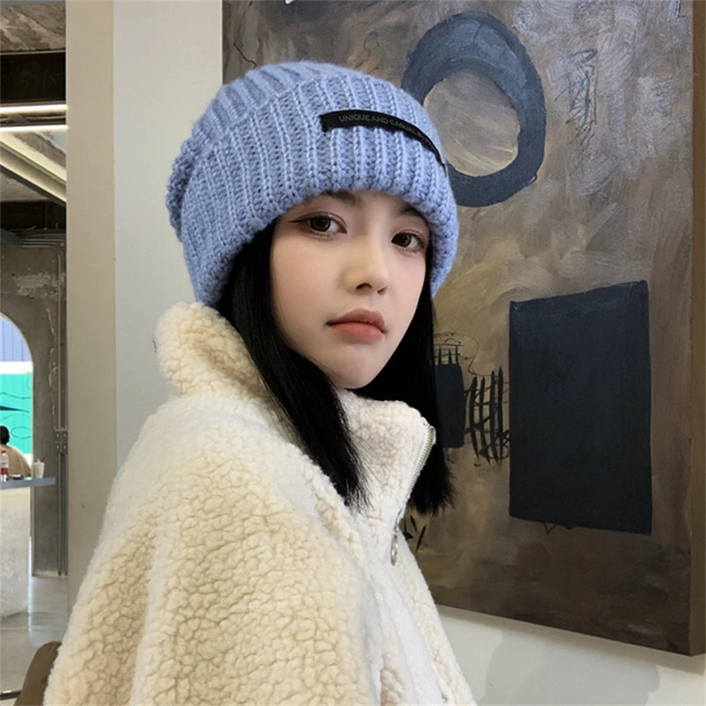 

Loose Big Head Knit Hat Unisex Mohair Wool Hat Patch Wild Face Small Warm Cold Hat Dome High Elasticity Hat Clothing Collocation