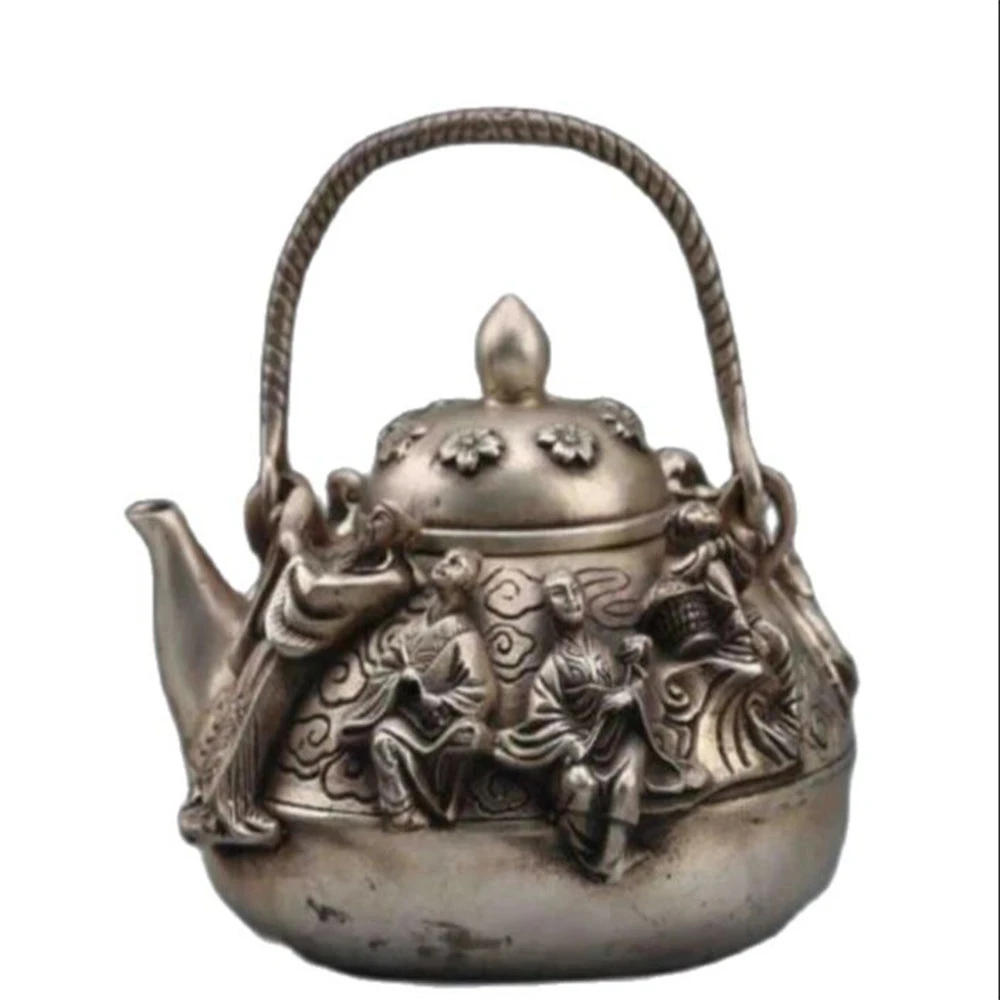 

DELICATE CHINESE SILVER COPPER HANDWORK CARVED EIGHT IMMORTALS TEAPOT