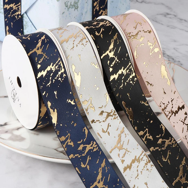 25mm Gift Ribbon Satin Marble/Crack Gold Foil Printed For Gift Wrapping Home Decor Handmade Hair Bow Material DIY Craft Ribbon