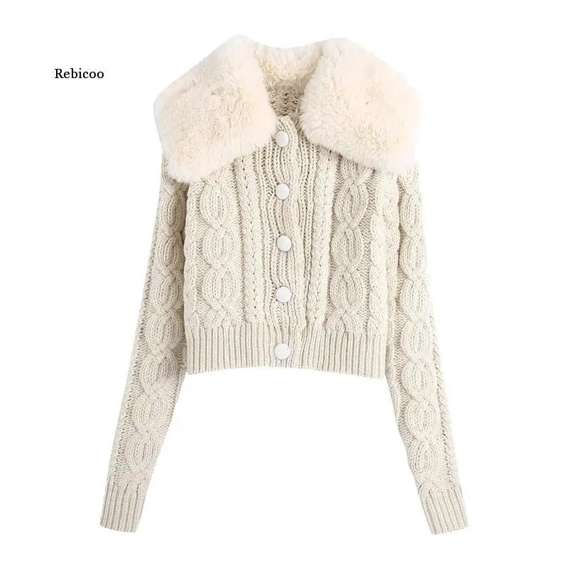 

Fashion with Faux Fur Cropped Knitted Cardigan Sweater Vintage Long Sleeve Buttons Female Outerwear Chic Top