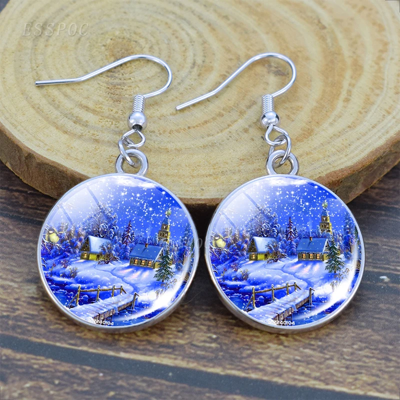 Picture 3: Christmas Earrings Santa Claus Snow House Dangle Earrings Picture Glass Cabochon Drop Earrings for Women New Year Jewelry Gifts