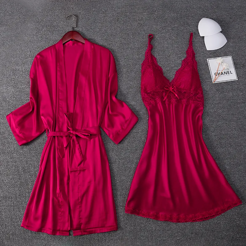 

Sexy Satin Lace Bathrobe Sets Womens 2 Pcs Nighty Robe Gown Cami Nightgown Summer Intimate Sleep Dress Belt Sleepwear