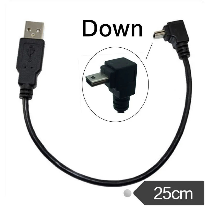 Kabel do transmisji danych USB męskiego do Mini USB B 5Pin męskiego 90 stopni w górę/w dół/w lewo/Adapter kątowy synchronizacja ładowania 0.25M 0.5M