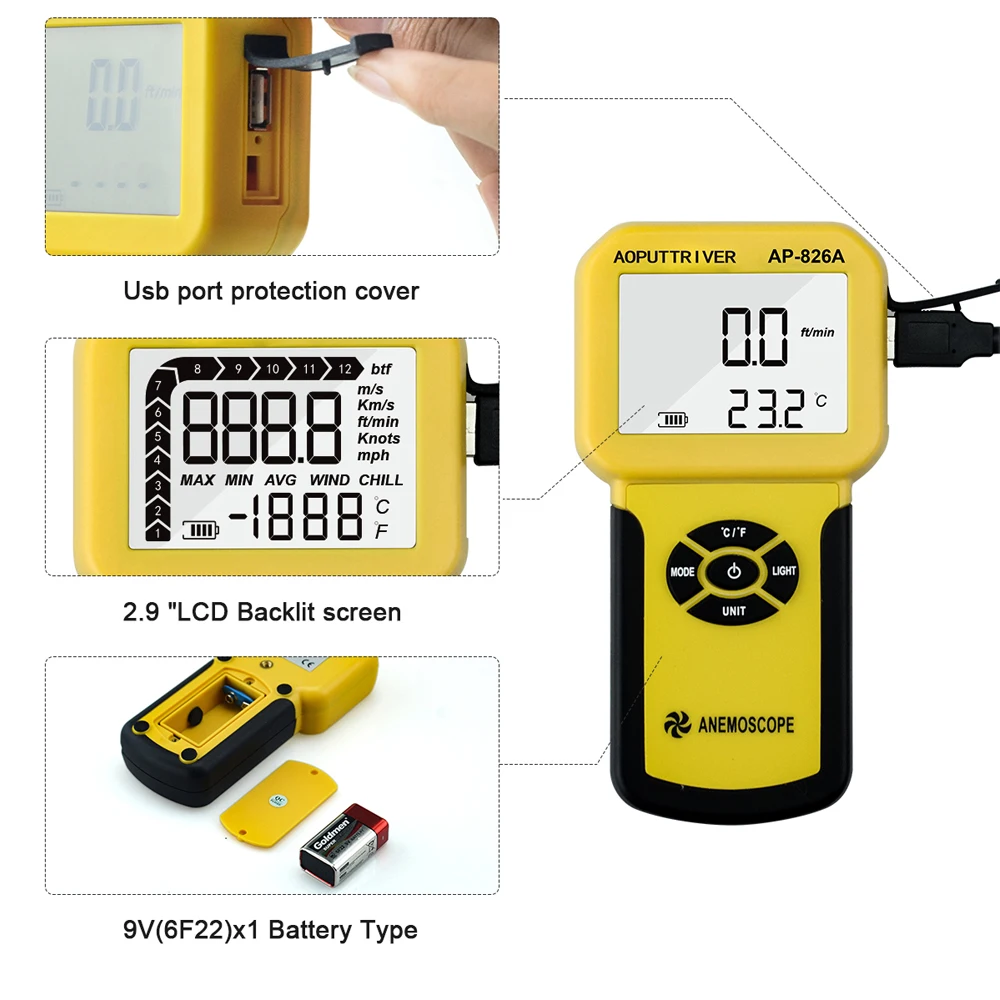 Digital Anemometer Wind Speed Meter LCD back Light for Air Velocity,Air FlowTemperature,Max/Average/Current,Real Time Measure