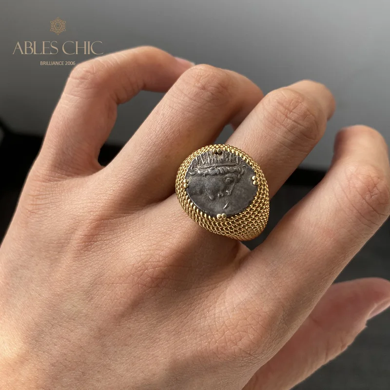 Ables Chic Solid 18K Gold Helios Authentic Antique Silver Coin Ancient Sculpture Vintage Byzantine Ring