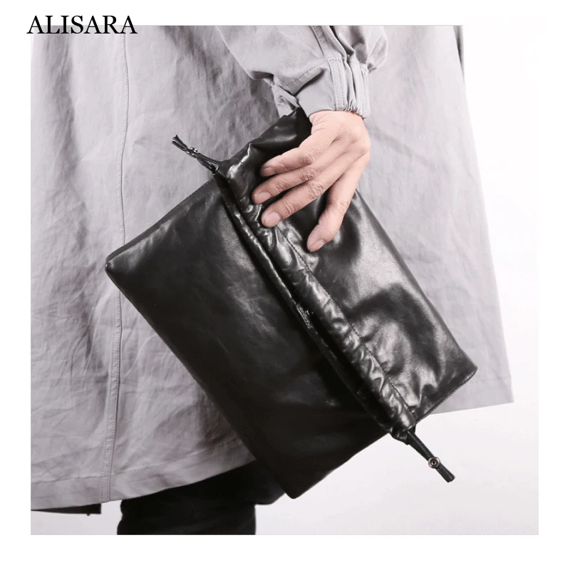 Alisara Messenger Bag Men First Layer Sheepskin Leather Top End Male Casual Crossbody Shoulder Handbag Simple Clutch Bags