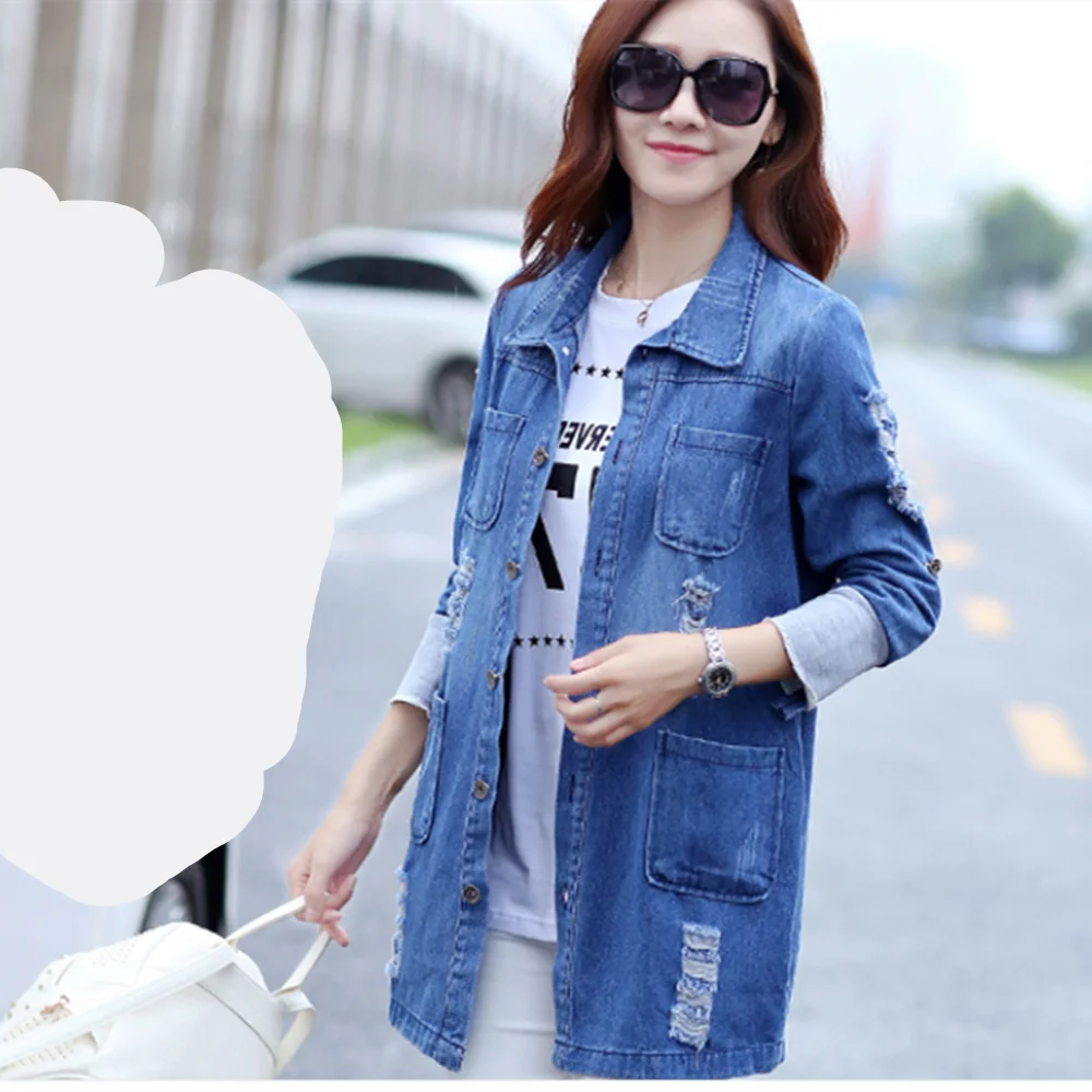 

2022 New Basic Long Jeans Coats Women Slim Ripped Denim Jacket Femme Elegant Vintage Frayed Jackets Outwear Casacos Feminino