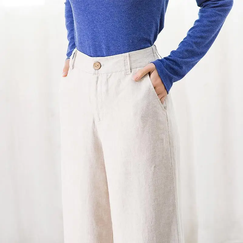 Pantalones informales de lino y algodón para mujer, pantalón holgado de pierna ancha, estilo bohemio, Vintage, de cintura alta