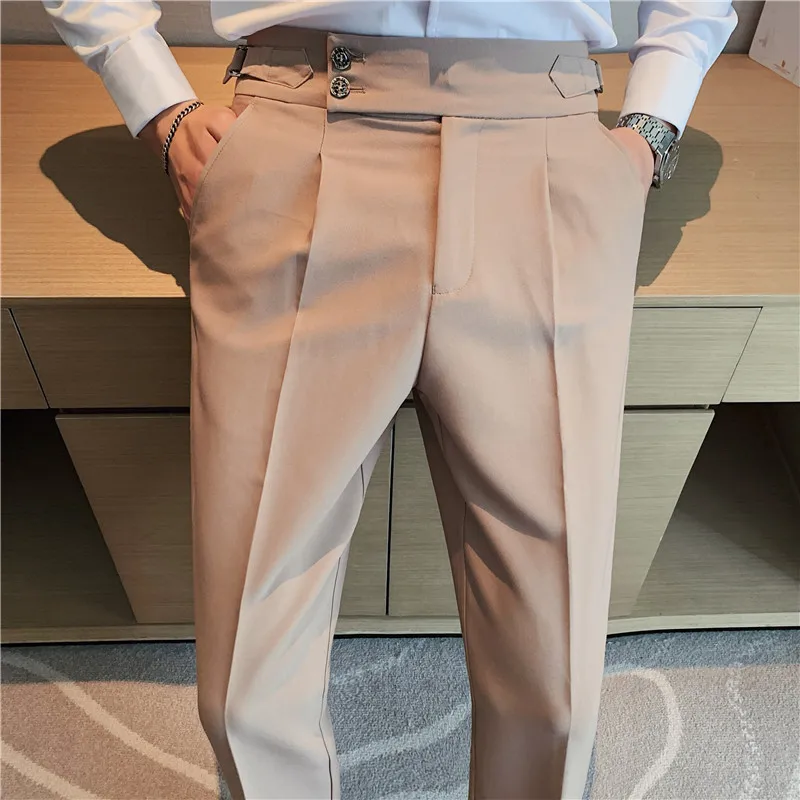 Pantalones drapeados de cintura alta para hombre, pantalón Formal de alta calidad, Color sólido, traje Social Formal para oficina, 2022