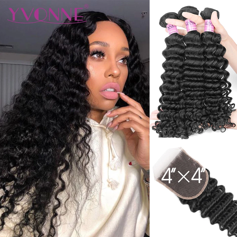 

Yvonne Deep Wave Bundles with Closure Brazilian Virgin Human Hair Weave 3 Bundles With Closure 4x4