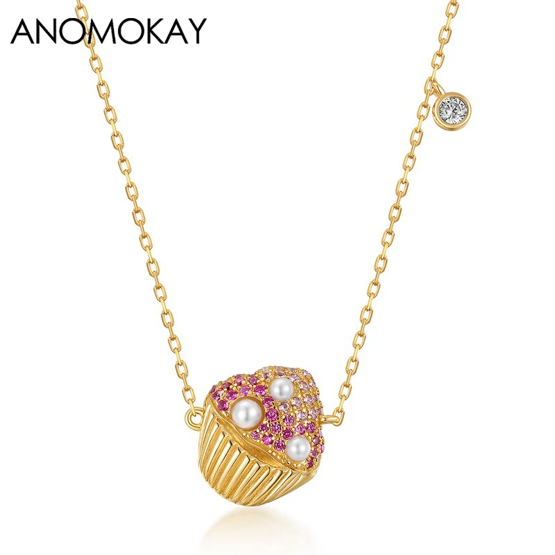 Anomokay New Arrival Colorful Zircon Paper Cup Cake Gold Color Women Girl Necklace Sweet 925 Sterling Silver Pearl Necklace Gift