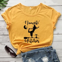 Namaste Witches With Cat T-shirt Funny Witch Yoga Workout Tshirt Aesthetic Women Halloween Fall Top Tee Shirt