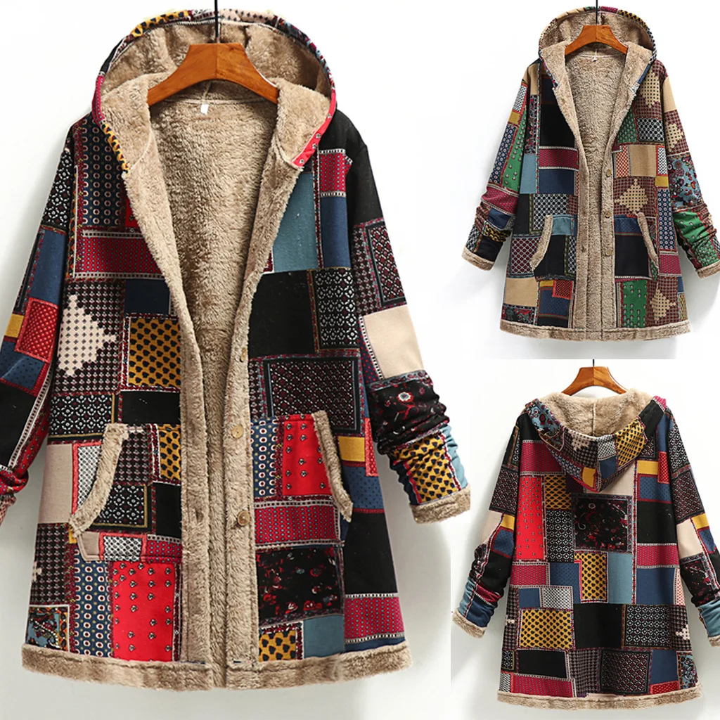 Winter Women's Hooded Coat Pocket Cashmere Thick Patchwork Female Jacket Retro Long Sleeve Loose Cotton Linen Printed Lady Coat