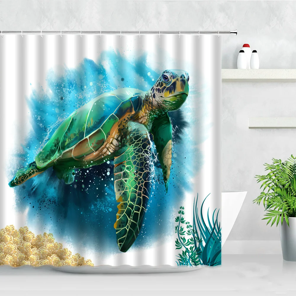 Sea Turtle Shower Curtains Ocean Animals Sunflower Green Leaf Creative Water Color Art Modern Waterproof Bathroom Decor Curtain