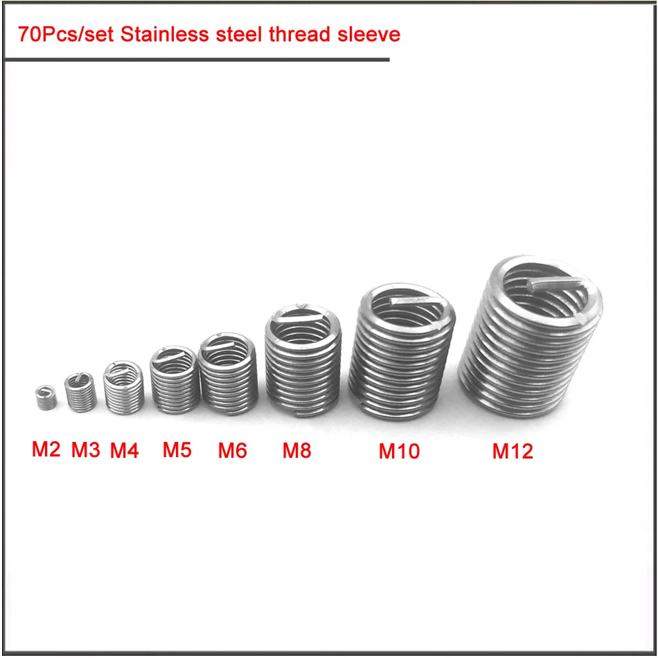 70PCS set M2 M3 M4 M5 M6 M8 304 Stainlessy Steel Thread Inserts Helical Screw Coiled Wire Sleeve Helicoil Thread Repair Insert