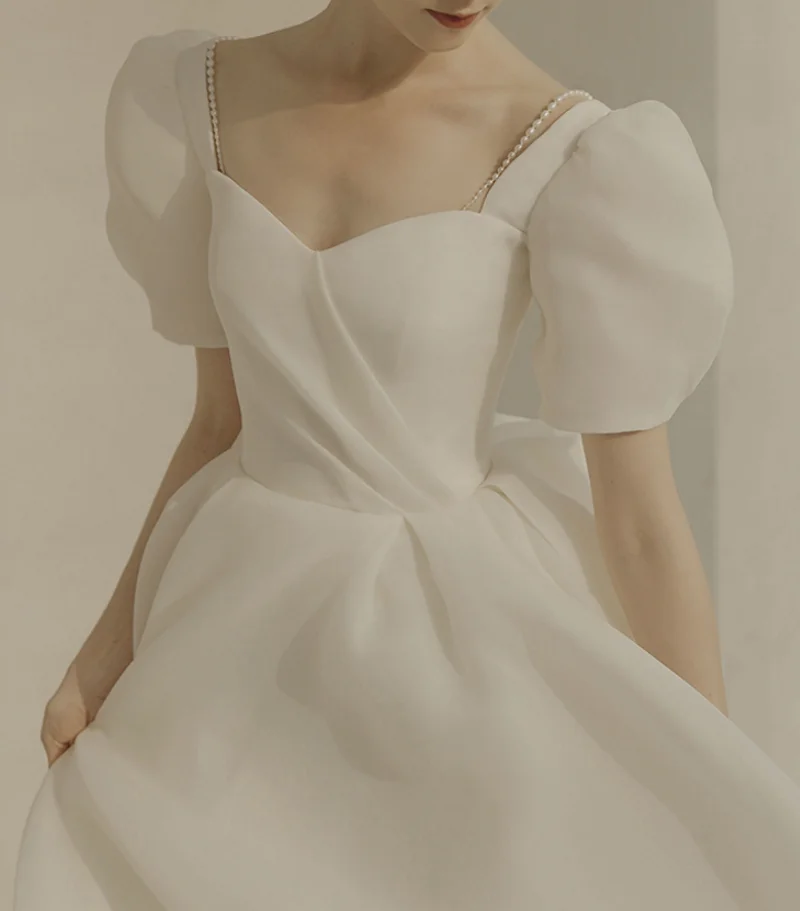 2025 Korea Stil Organza Hochzeit Kleid Schatz Puffy Sleeve Backless Einfache Plain Braut Kleid Vestidos Robes de Mariage