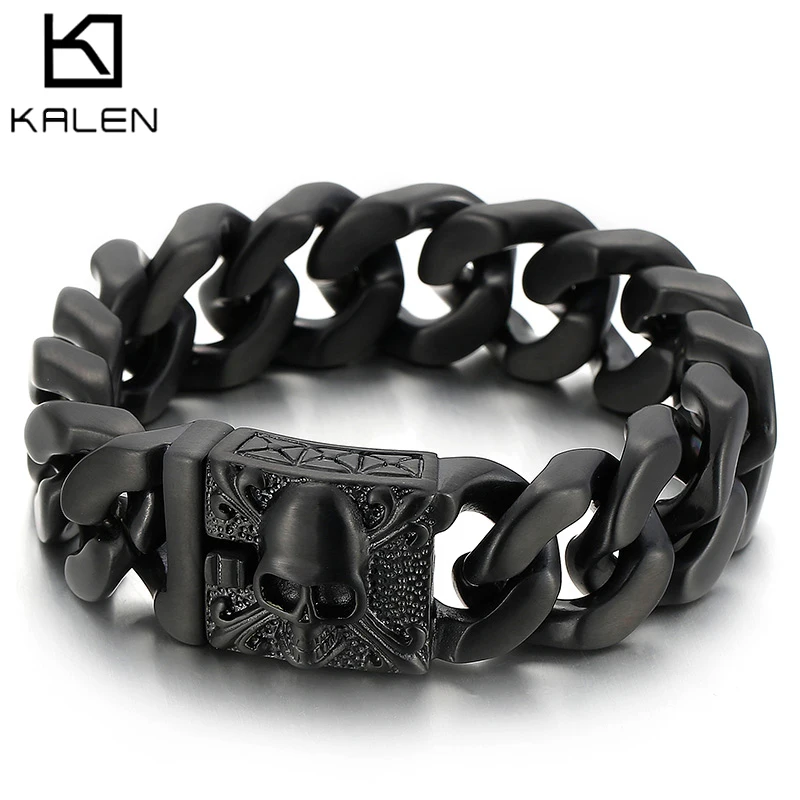 

Kalen 20mm Wide Black Vintage Men's Texture Bracelet Skull Cuban Chain Jewelry Armband