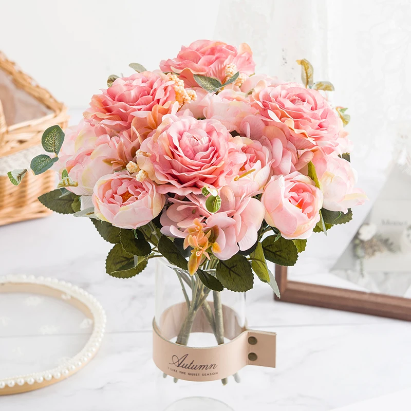 Silk Rose Peony Artificial Flowers Bouquet High Quality Vase for Home Decor Christmas Wedding Bridal Accessories Clearance