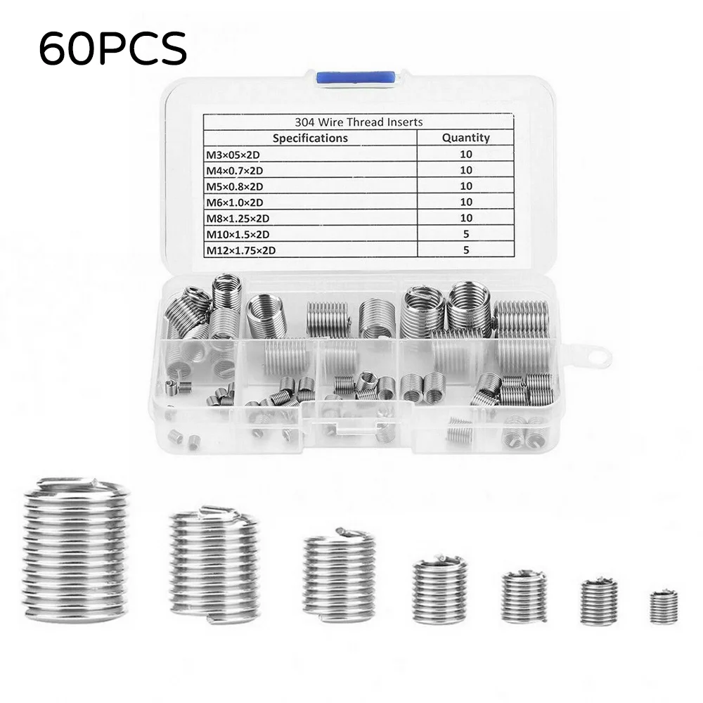 Juego de herramientas de reparación de acero inoxidable, Set de herramientas de inserción de hilo de sujeción de M3 M4 M5 M6 M8 M10 M12, inserto en espiral, manga de tornillo de alambre, 60 uds.