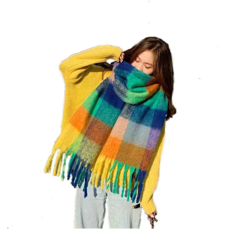 2024 New Women Plaid Scarf Winter Pashmina Shawls Cashmere Thick Wraps Lady Tassel Warm Scarves Rainbow Hairy Bufanda