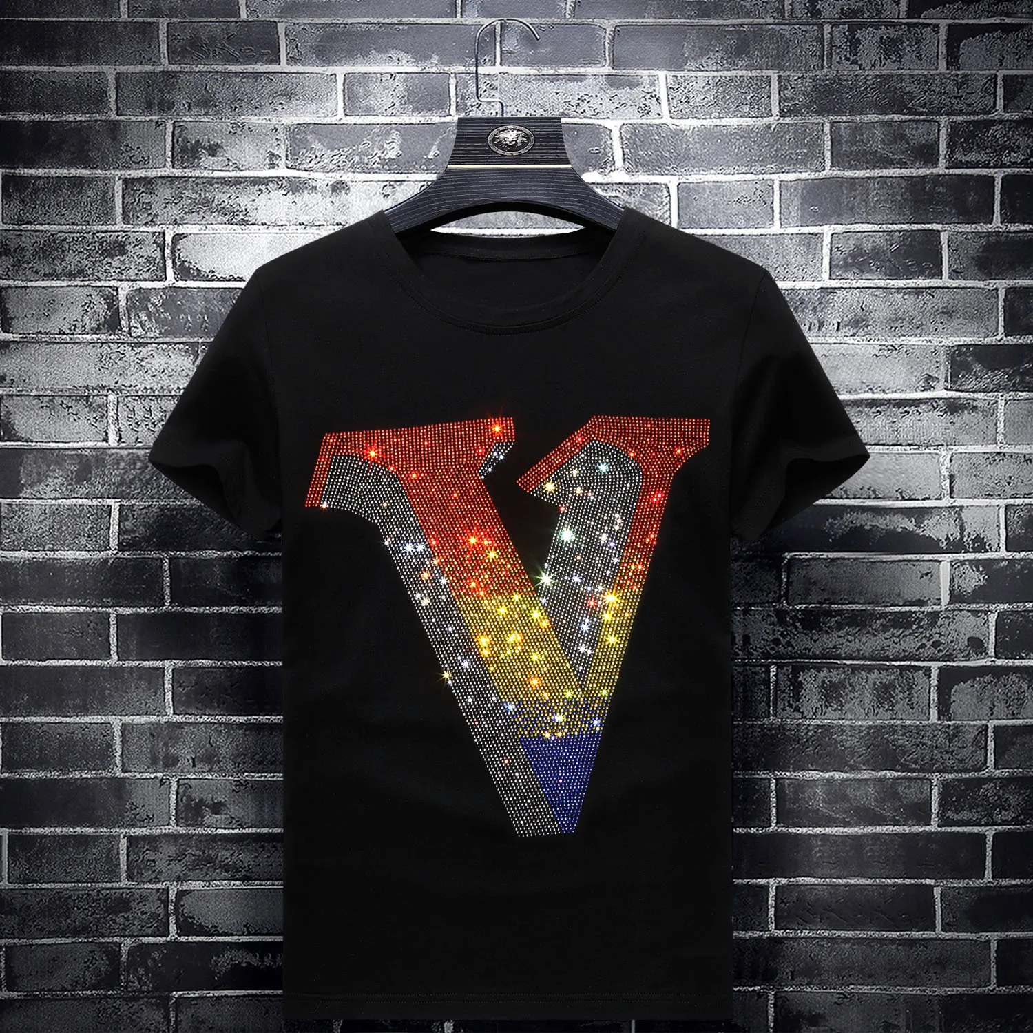 

2024 Colorful Rhinestones Letter T Shirts Men Fashion Slim Clothing Streetwear O Neck Short Sleeve Modal Cotton Camisetas Hombre