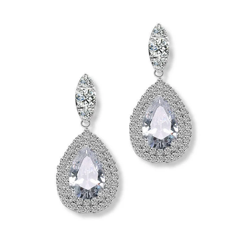Women\'s Fashion Silver Hoop Pendant Crystal Blue Zircon Earrings Wedding Jewelry
