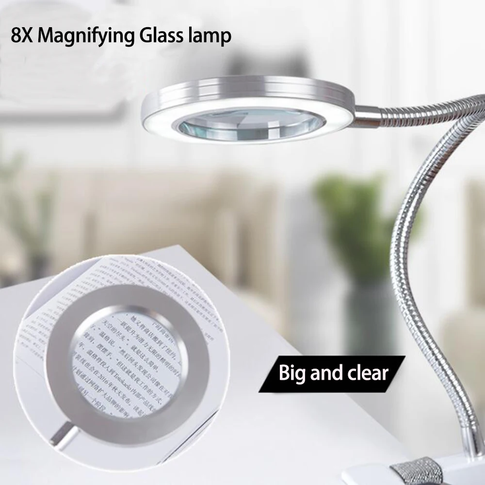 8X Illuminated Magnifier Flexible Rotation Desktop Magnifying Glass for Soldering Iron Repair/Table Lamp/Skincare Beauty Tool