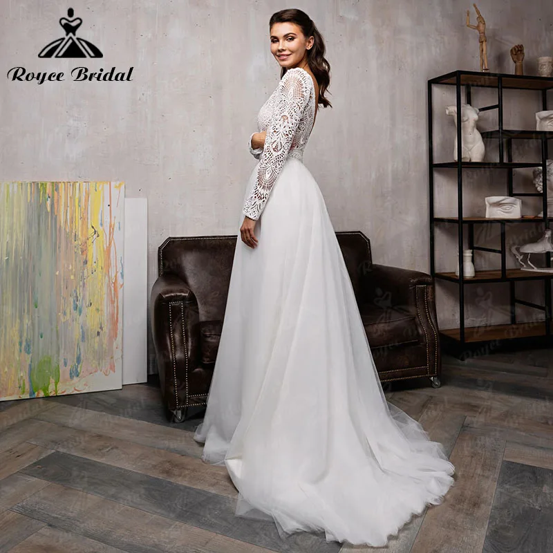 Boêmio boho duas peças vestido de casamento com saia destacável renda chiffon manga longa sem costas roycebridal 2022 robe de mariee