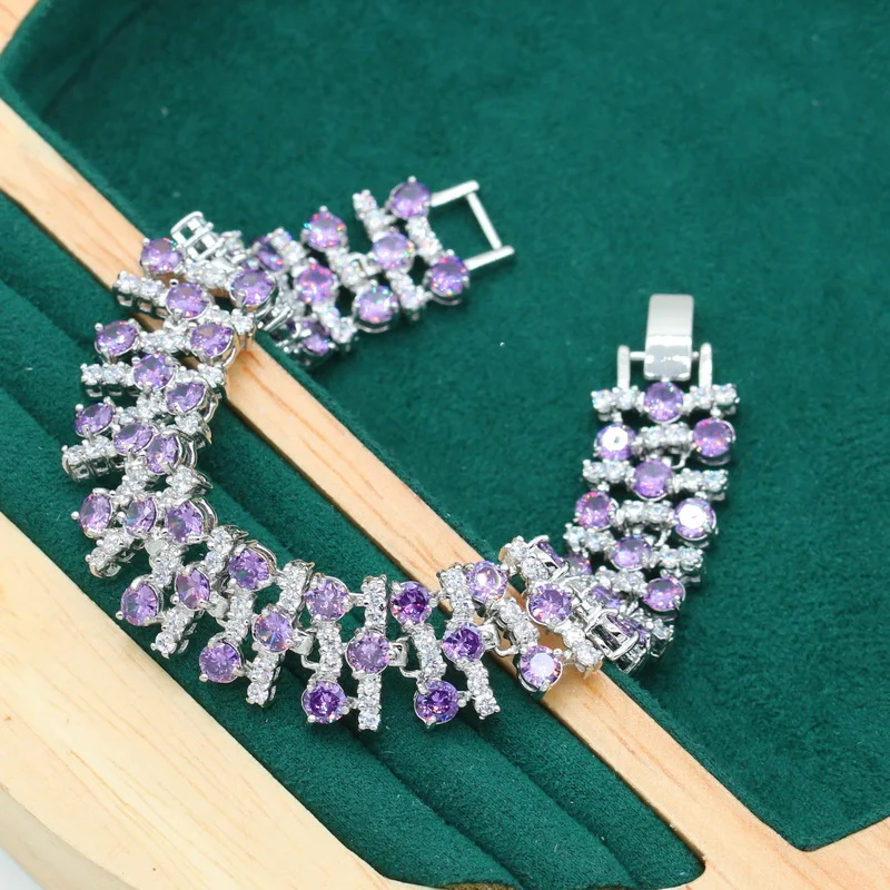 Bride Purple Zircon Silver Color Jewelry Set for Women Wedding Bracelet Earrings Necklace Pendant Ring Birthday  Gift