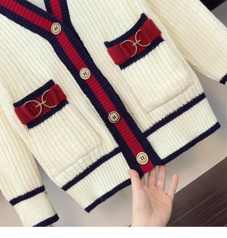 Women Knit Cardigan Sweater V Neck Patchwork Cardigans Loose Sweaters Warm Knitwear Single Breasted Pocket 2021 Autumn Winter