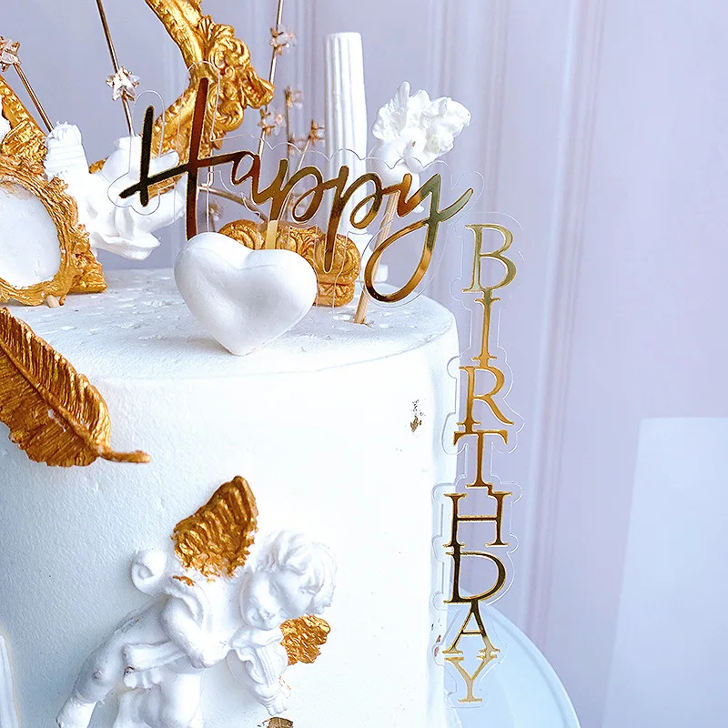 New Happy Birthday Cake Topper Vertical Creative right angle Gold Acrylic Gold Cake Topper For Birthday Party Cake Decorations