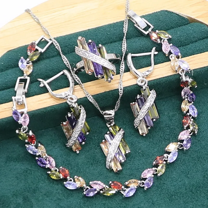 Multi Color Topaz  925 Silver Jewelry set for Women Wedding Party Bracelet Earrings Necklace pendant  Ring