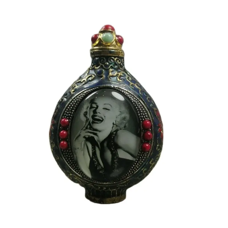 Chinese Old Beijing Old Goods Collection Old Copper Tire Cloisonne With Turquoise Snuff Bottle Character Pattern