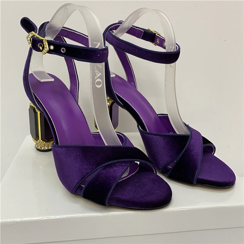 Luxury Velvet Diamond Heel Summer Shoes Woman Cross Band Ankle Strappy Jeweled High Heels Rhinestone Party Sandals Women