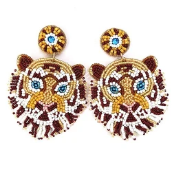 Boho Dangle Earrings Big Tiger Head Pendant Drop Earings Handmade Bohemian Beaded Earrings For Women Statement Earring Jewelry