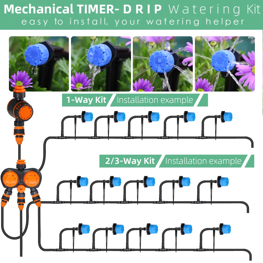 5-50M Blue Adjustable Watering Irrigation System Mechanical Timer Garden Micro Drip Kit 1/4'' PVC Hose 0-80L/H Sprinkler