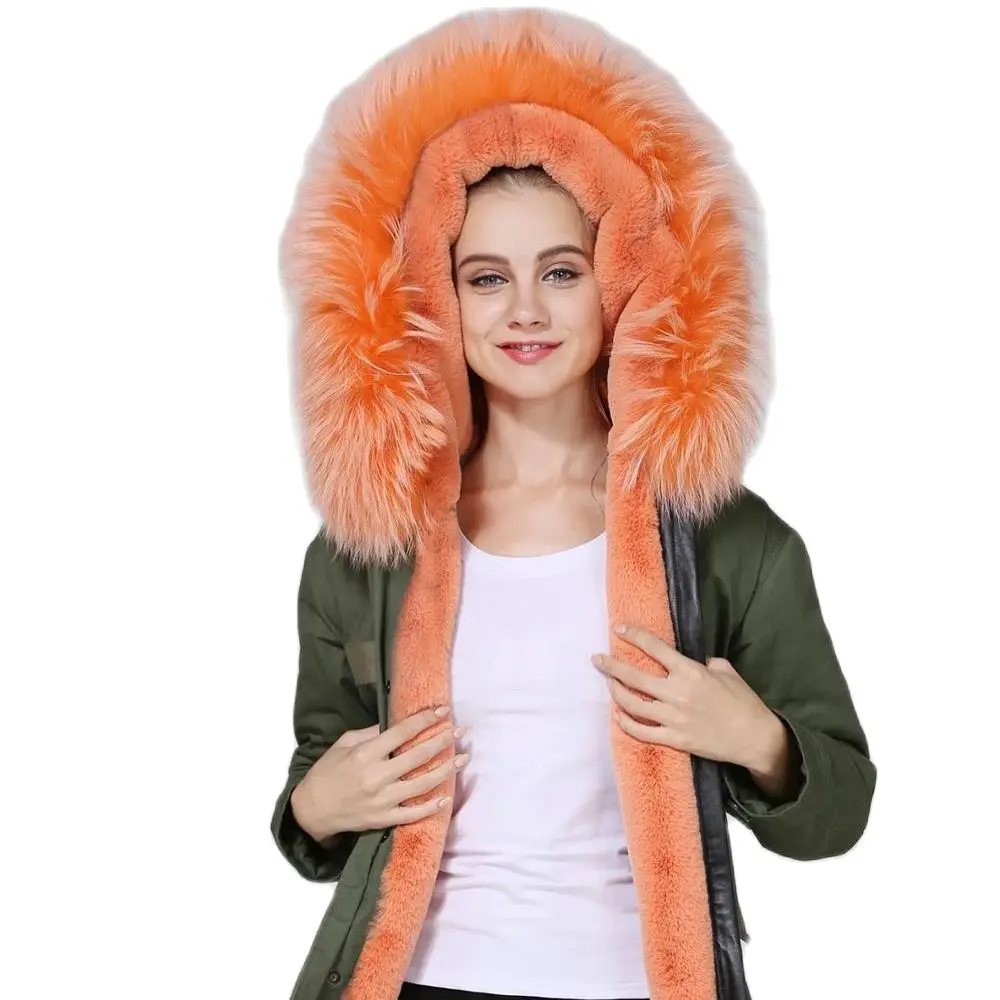 MEIFNG-Parka de piel sintética verde militar para mujer, abrigo bonito con forro naranja, de alta calidad para invierno