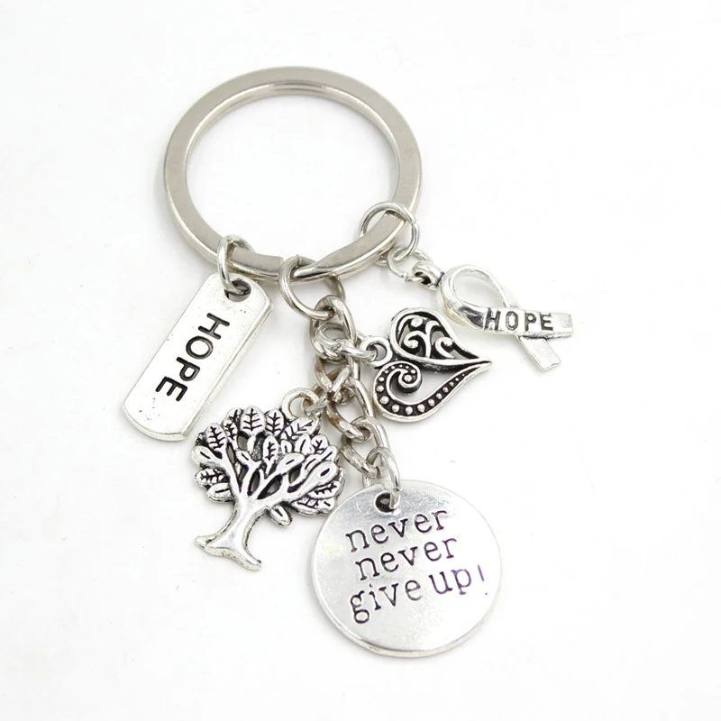 10PCS LOT Wholesale New Arrival Inspiration Keychains Keyrings Hope Ribbon never give up life tree charms key chain Jewelry Gift