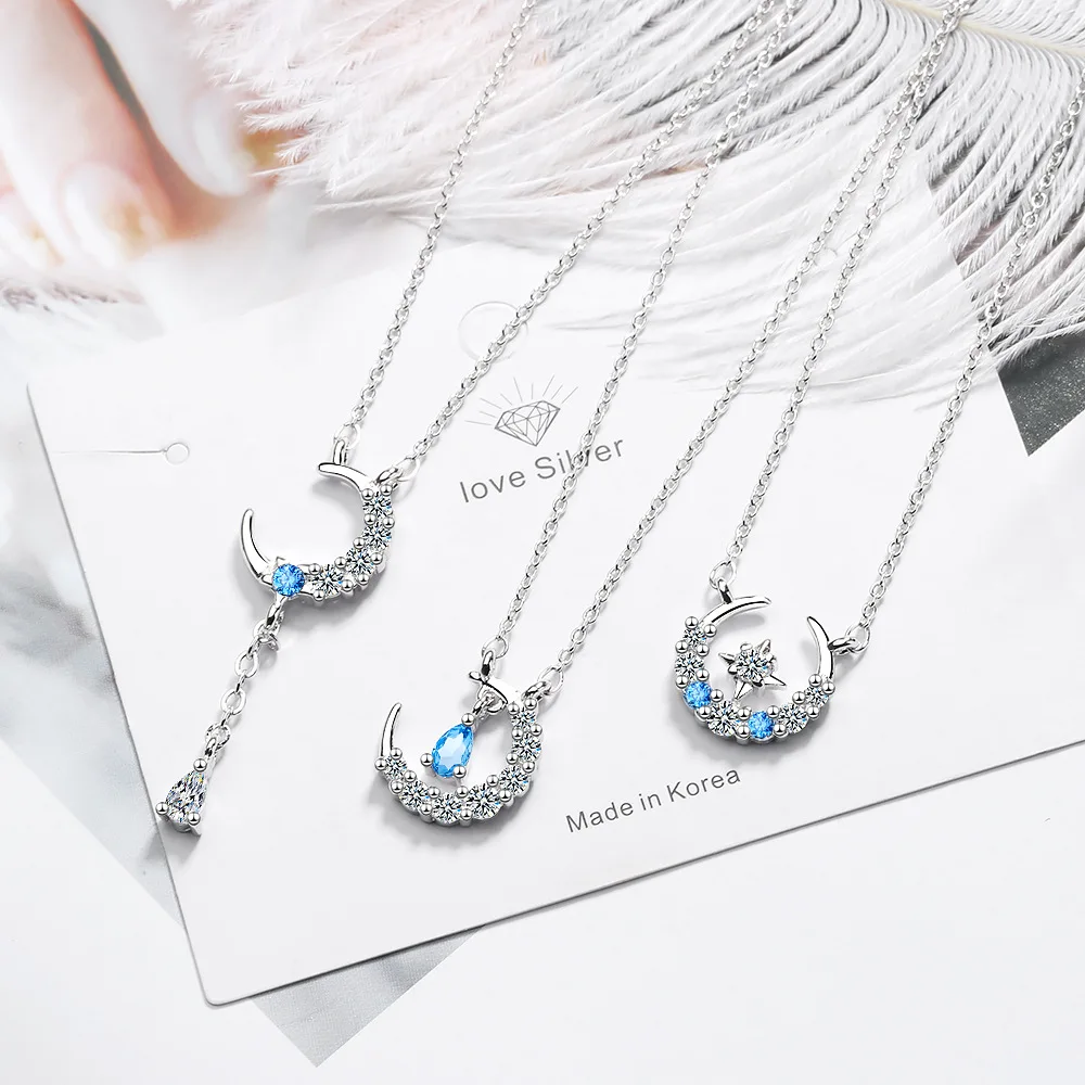 925 Sterling Silver Star Moon Tassel Necklace With Blue Zircon Embellished Water-Drop Shaped Jewelry Clavicle Colar De Prata