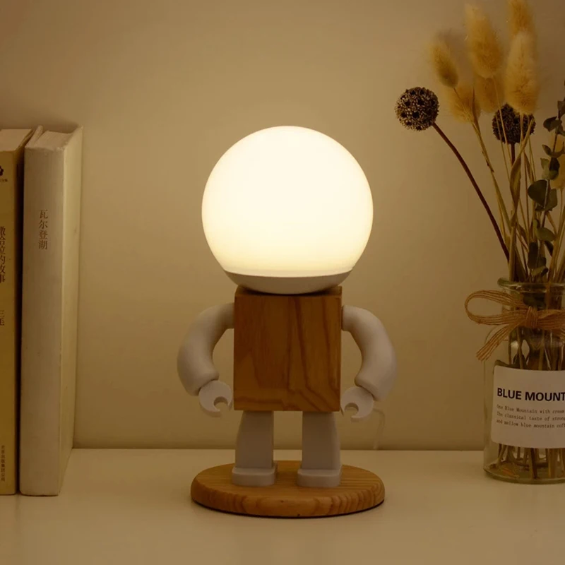 LED Cute Robot Table Light USB Modern  Wood Table Lamp Kids Baby Children Bedroom Bedside Mini Night Lights decor